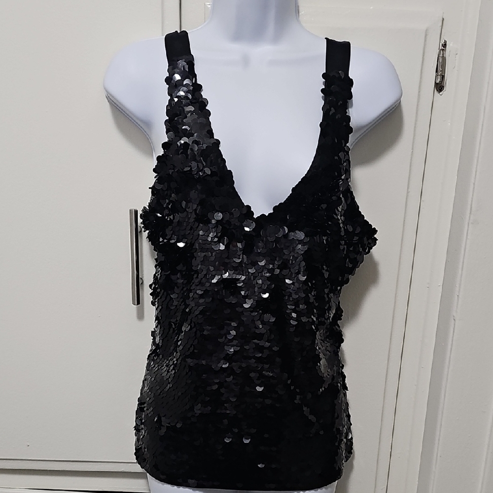 Black Sequin V-Neck Tank Top - Women's
